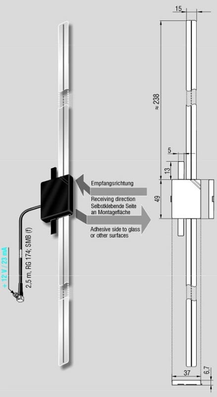 DAB+ Glasklebeantenne aktiv SMB - mit Splitter auch für FM/UKW