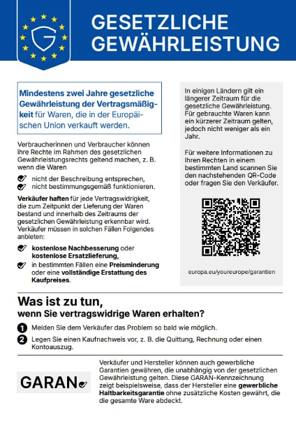 Gesetzliche Gewährleistung: Hinweis der EU zu Ihren Rechten bei vertragswidrigen Waren (europa.eu/youreurope/garantien)